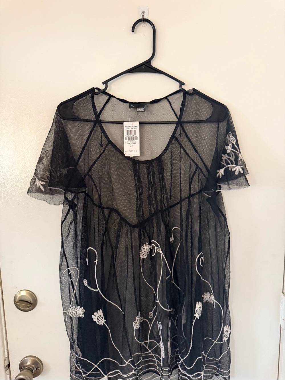Alfani Black Sheer Embroidered Mesh Chemise with White Floral Stitching